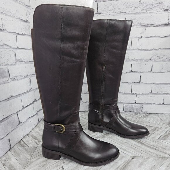 INC Womens Fadora Tall Dark Brown Leather Riding Boots 7.5M Side Zipper Buckle S - Picture 1 of 15